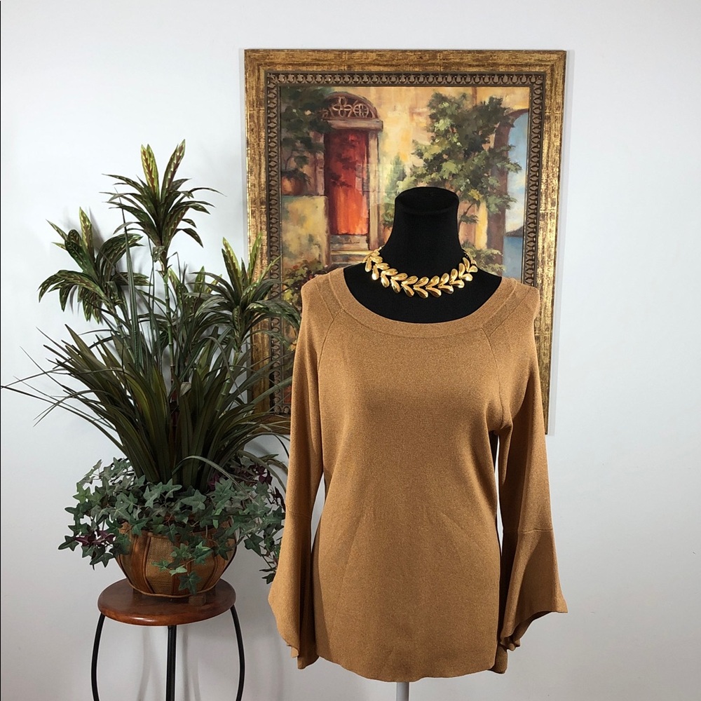 INC International Concepts Women Tan Off-the-Shoulder Sweater XL Long Bell Sleev